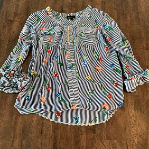 Stripped Shirt with Floral Print with Half Zip - Picture 1 of 3